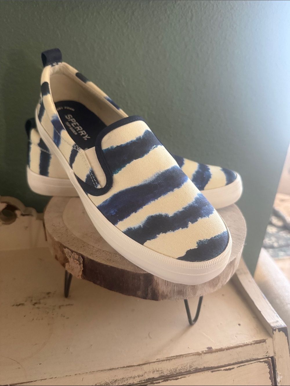 Sperry Navy and Cream Striped Slip-On Sneakers
